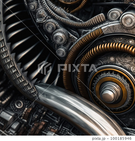 Illustration showing an advanced metallic spiral mechanism of an engine or computer device with a complex Abstract mechanical fractal shape. Digital painting concept art.	 100185946