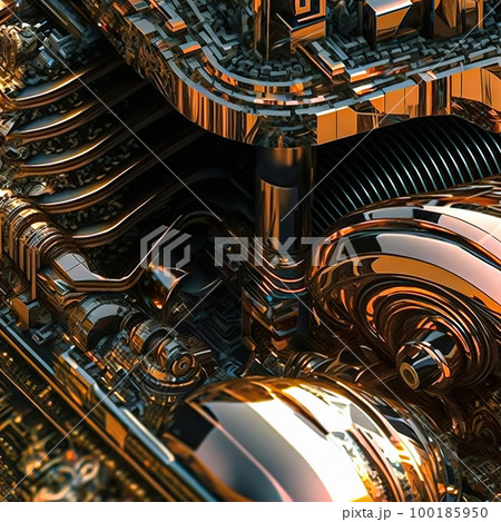 Illustration showing an advanced metallic spiral mechanism of an engine or computer device with a complex Abstract mechanical fractal shape. Digital painting concept art. Illustration showing an advanced metallic spiral mechanism of an engine or computer device with a complex Abstract mechanical fractal shape. Digital painting concept art. 100185950