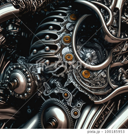 Illustration showing an advanced metallic spiral mechanism of an engine or computer device with a complex Abstract mechanical fractal shape. Digital painting concept art. Illustration showing an advanced metallic spiral mechanism of an engine or computer device with a complex Abstract mechanical fractal shape. Digital painting concept art. 100185953