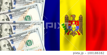 Dollars on flag of Moldova, Moldovan finance, subsidies, social support, GDP concept 100186382