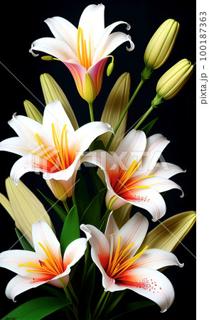 bouquet of white lilies on a dark background, bright digital illustration, postcard, background 100187363