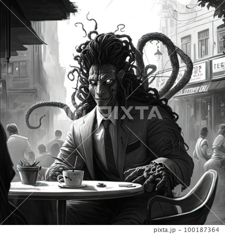 Medusa Gorgon drinks coffee at the table of a street cafe, illustration, background Medusa Gorgon drinks coffee at the table of a street cafe, illustration, background 100187364