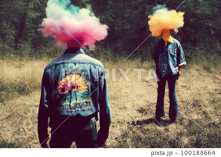 Hippies with their heads in the clouds. Two hippies dressed in jeans stand in a meadow and dream. A psychedelic illustration of the 1960s Hippies with their heads in the clouds. Two hippies dressed in jeans stand in a meadow and dream. A psychedelic illustration of the 1960s 100188664
