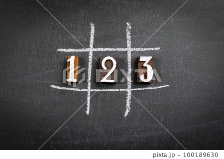 123 synergy concept. Wooden blocks on a dark chalkboard 100189630
