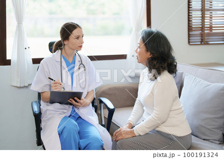 Portrait of a female doctor holding a patient clipboard to discuss and analyze the patient's condition before treating 100191324