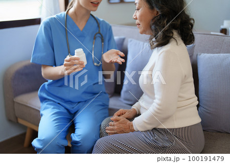 Portrait of a female doctor giving medicine to an elderly patient Portrait of a female doctor giving medicine to an elderly patient 100191479