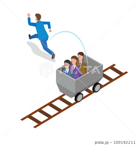 社会のレールから外れて走り出す男性のイメージ 社会のレールから外れて走り出す男性のイメージ 100192211