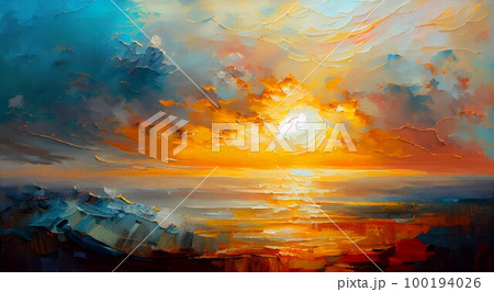 海　太陽　油絵 100194026