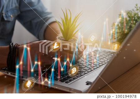 Casual Businessman Hold Office Plants and Color Slant Cryptocurrency and Stock Chart and Line Graph Casual Businessman Hold Office Plants and Color Slant Cryptocurrency and Stock Chart and Line Graph 100194978