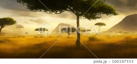 African savanna. Grass, acacia trees and river. Realistic vector landscape. African nature. Reserves and national parks. Banner vector illustration. Savanna landscape background 100197553