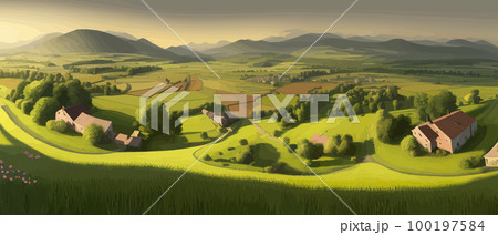 Morning in a village house on a hill and lush grass. Cartoon picture of rural scene in spring or summer, Rural landscapes - agricultural fields, green hills in spring vector Illustration Morning in a village house on a hill and lush grass. Cartoon picture of rural scene in spring or summer, Rural landscapes - agricultural fields, green hills in spring vector Illustration 100197584