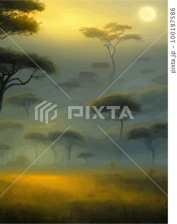 Wild savanna landscape. Savannah, African wilderness with acacia trees, grass, sand and water. Africa landscape panorama. Kenya National Park, vertical poster. Flat vector illustration Wild savanna landscape. Savannah, African wilderness with acacia trees, grass, sand and water. Africa landscape panorama. Kenya National Park, vertical poster. Flat vector illustration 100197586