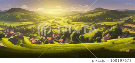 Morning in a village house on a hill and lush grass. Cartoon picture of rural scene in spring or summer, Rural landscapes - agricultural fields, green hills in spring vector Illustration Morning in a village house on a hill and lush grass. Cartoon picture of rural scene in spring or summer, Rural landscapes - agricultural fields, green hills in spring vector Illustration 100197672