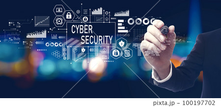 Cyber security theme with businessman at night 100197702