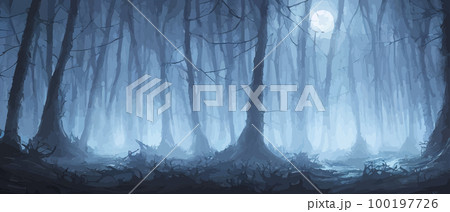 misty forest. Dark tree silhouette. Tree tricks in the blue mist. Fog in the night forest vector illustration banner. Spooky forest with full moon and floor. Without leaves and branches of autumn. 100197726