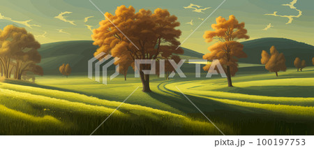 Vector illustration of beautiful summer fields Landscape with sunrise and single trees, green hill, bright blue sky, background in flat cartoon style banner. Vector illustration of beautiful summer fields Landscape with sunrise and single trees, green hill, bright blue sky, background in flat cartoon style banner. 100197753