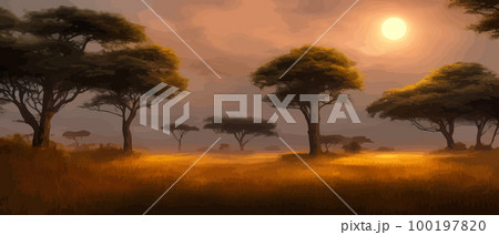 African acacia row against twilight sky. Vector illustration banner landscape. Silhouette of packs in the high rise desert. African perspective in the evening with copy space. 100197820
