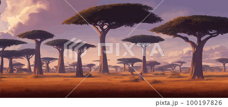 African trees. Hand drawn vector illustration Acacia nature, southern trees savannah greeting card, postcard, template. Grass, bushes, acacia trees mountains. African nature. Reserves national parks African trees. Hand drawn vector illustration Acacia nature, southern trees savannah greeting card, postcard, template. Grass, bushes, acacia trees mountains. African nature. Reserves national parks 100197826