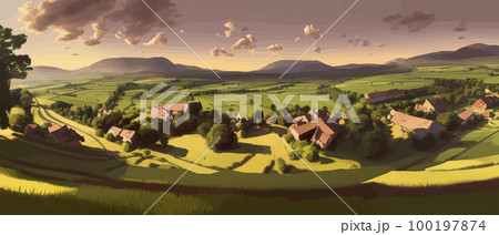 Morning in a village house on a hill and lush grass. Cartoon picture of rural scene in spring or summer, Rural landscapes - agricultural fields, green hills in spring vector Illustration 100197874