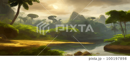 African rainforest. African jungle rainforest panorama with tropical vegetation, exotic fantasy landscape banner vector illustration. african savannah African rainforest. African jungle rainforest panorama with tropical vegetation, exotic fantasy landscape banner vector illustration. african savannah 100197898