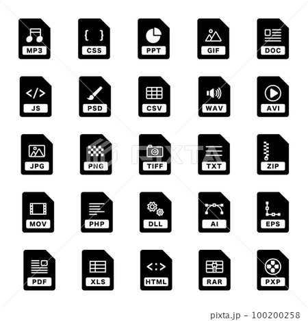 ファイル、ドキュメント、拡張子のアイコンのセット／ソフトウェア／書類／ビジネス／データ／文書／IT 100200258