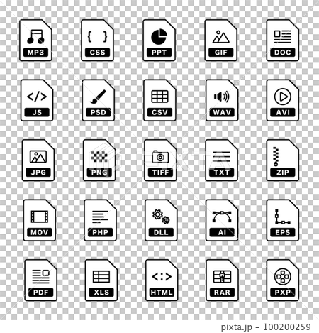 ファイル、ドキュメント、拡張子のアイコンのセット／ソフトウェア／書類／ビジネス／データ／文書／IT 100200259