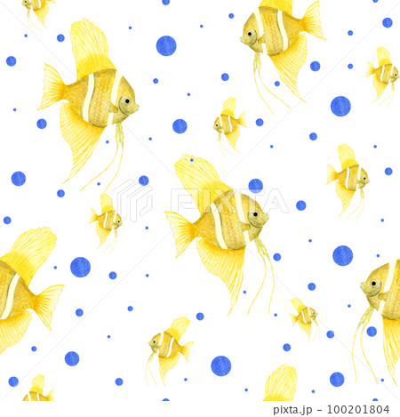 Watercolor seamless pattern of yellow angelfish isolated on white background. For greeting card design, menus, background, prints, wallpaper, fabric, textile, wrapping. 100201804