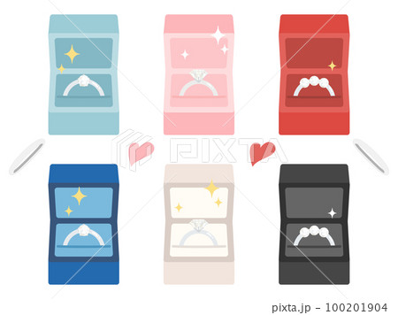 指輪ケースに入っている宝石がついているリングのイラストのセット 100201904
