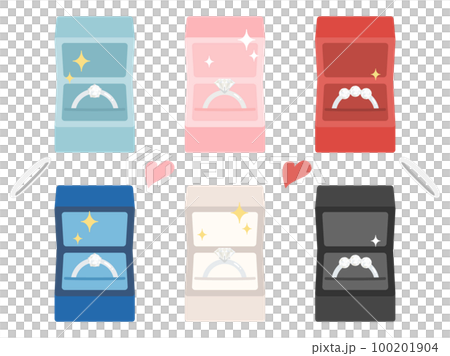 指輪ケースに入っている宝石がついているリングのイラストのセット 100201904