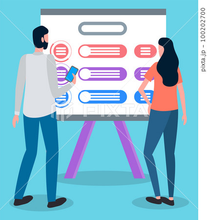 Presentation at board, people woman and man holding mobile phone looking at infocharts, colleagues 100202700