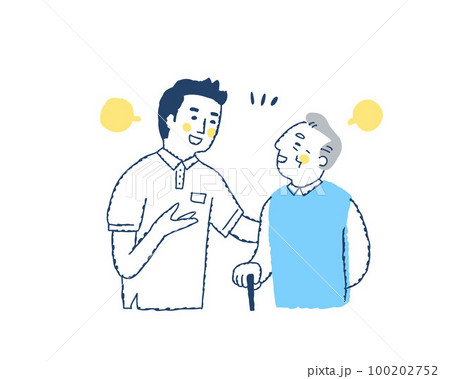 笑顔で話すシニア男性と介護スタッフ 100202752