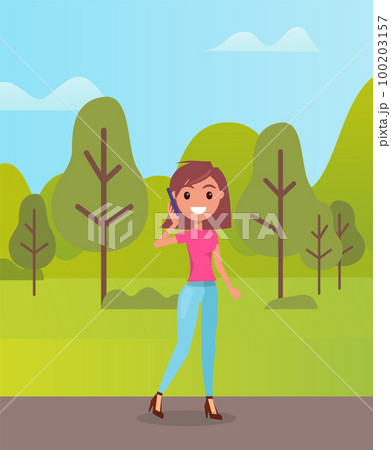 Happy stylish brunette talking by phone walking on road in summer wood, green trees at background Happy stylish brunette talking by phone walking on road in summer wood, green trees at background 100203157