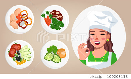 Images of food, dishes, cook woman. Cooking online, cooking blog. Flat image on pastel background 100203158