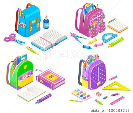 Supplies in School Bag, Notebook and Pen Vector Supplies in School Bag, Notebook and Pen Vector 100203215