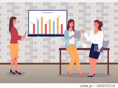 Pretty women discussing work moments lean at table, businesslady show presentation at digital board Pretty women discussing work moments lean at table, businesslady show presentation at digital board 100203216