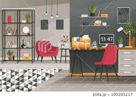 Home workspace modern design. Office, studio, cabinet or home workspace interior with furnitures Home workspace modern design. Office, studio, cabinet or home workspace interior with furnitures 100203217