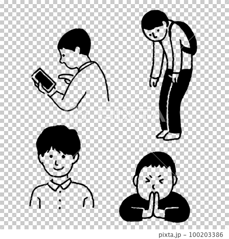男性商務姿勢手機微笑線描 男性商務姿勢手機微笑線描 100203386