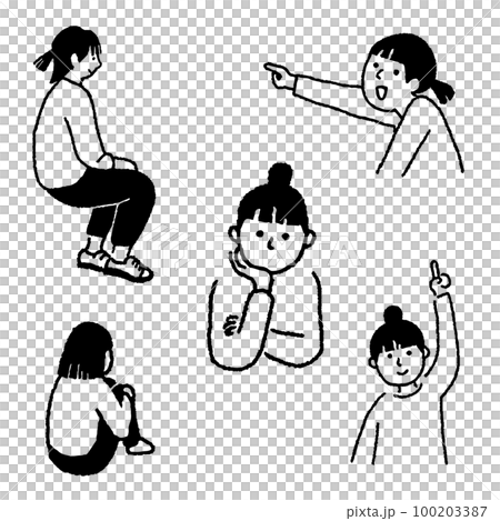 女性姿勢思考解釋坐線圖 女性姿勢思考解釋坐線圖 100203387