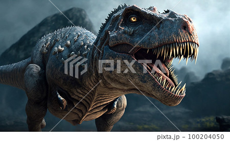 Close up on a The head of dinosaur in the dark background. High quality photo 100204050
