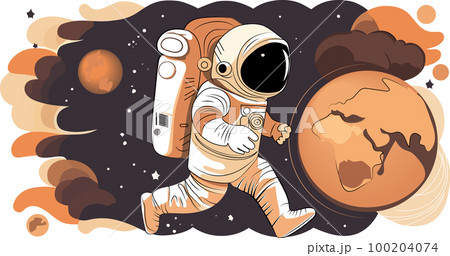 Astronaut explores space being desert planet. Astronaut space suit performing extra cosmic activity space against stars and planets background. Human space flight. Modern vector illustration 100204074