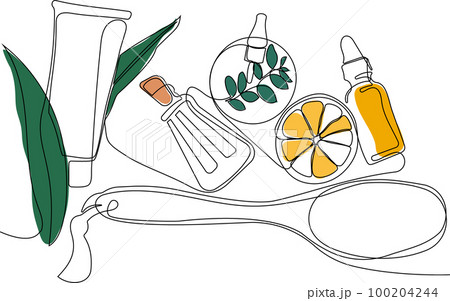 Skin care concept. Landing page template. Morning routine. Bath time. Organic products for scrubbing and body skin care with natural herbal skin care products, top view. Vector illustration 100204244