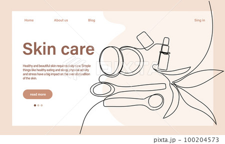 Skin care concept. Landing page template. Morning routine. Bath time. Organic products for scrubbing and body skin care with natural herbal skin care products, top view. Vector illustration Skin care concept. Landing page template. Morning routine. Bath time. Organic products for scrubbing and body skin care with natural herbal skin care products, top view. Vector illustration 100204573