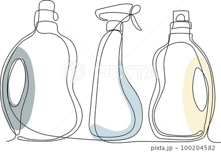 Continuous one line drawing of bottles for liquid laundry detergent, bleach, fabric softener, dishwashing liquid or another cleaning agent. Easy to place your text and brand logo. Vector illustration Continuous one line drawing of bottles for liquid laundry detergent, bleach, fabric softener, dishwashing liquid or another cleaning agent. Easy to place your text and brand logo. Vector illustration 100204582