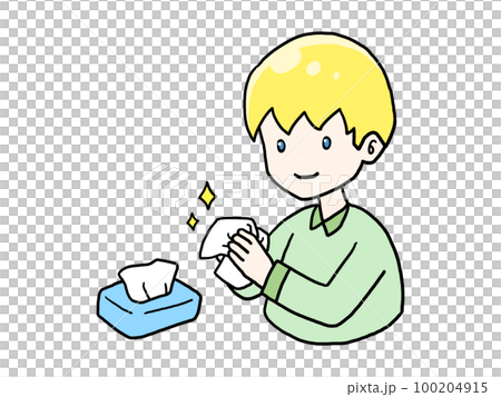 Illustration of a white man wiping his hands with a sanitizing tissue Illustration of a white man wiping his hands with a sanitizing tissue 100204915