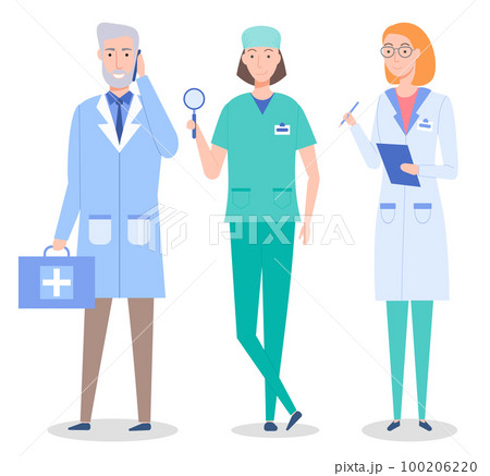 Collective of doctors and nurses characters set flat style. Medical doctors people group icon vector design Collective of doctors and nurses characters set flat style. Medical doctors people group icon vector design 100206220
