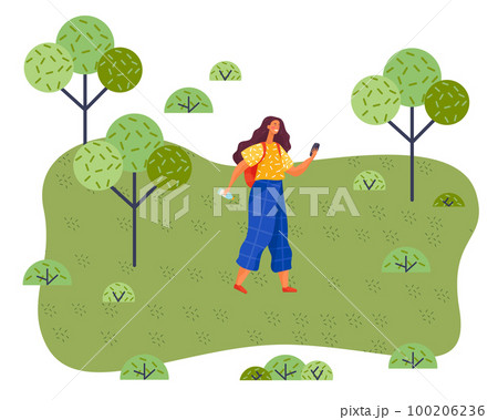 Happy woman is walking in park sunny day. Female character with backpack is travelling outdoors Happy woman is walking in park sunny day. Female character with backpack is travelling outdoors 100206236