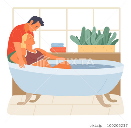 Pregnancy preparing, wife and husband joint birth. Pregnant woman giving natural birth in a bathtube Pregnancy preparing, wife and husband joint birth. Pregnant woman giving natural birth in a bathtube 100206237