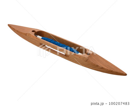 Boat shuttle with blue thread used in loom weaving, isolated. Wooden shuttle on white background 100207483