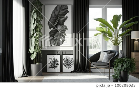 Contemporary room with black frames, draperies, and potted green plants, livingroom Contemporary room with black frames, draperies, and potted green plants, livingroom 100209035