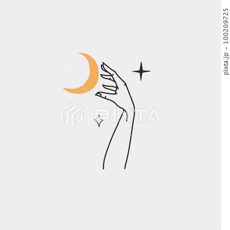 Hand drawn vector abstract outline,graphic,line art magic human hand with moon and stars logo in minimalistic modern style.Moon and stars sign outline design concept.Outline moon silhouette isolated. Hand drawn vector abstract outline,graphic,line art magic human hand with moon and stars logo in minimalistic modern style.Moon and stars sign outline design concept.Outline moon silhouette isolated. 100209725